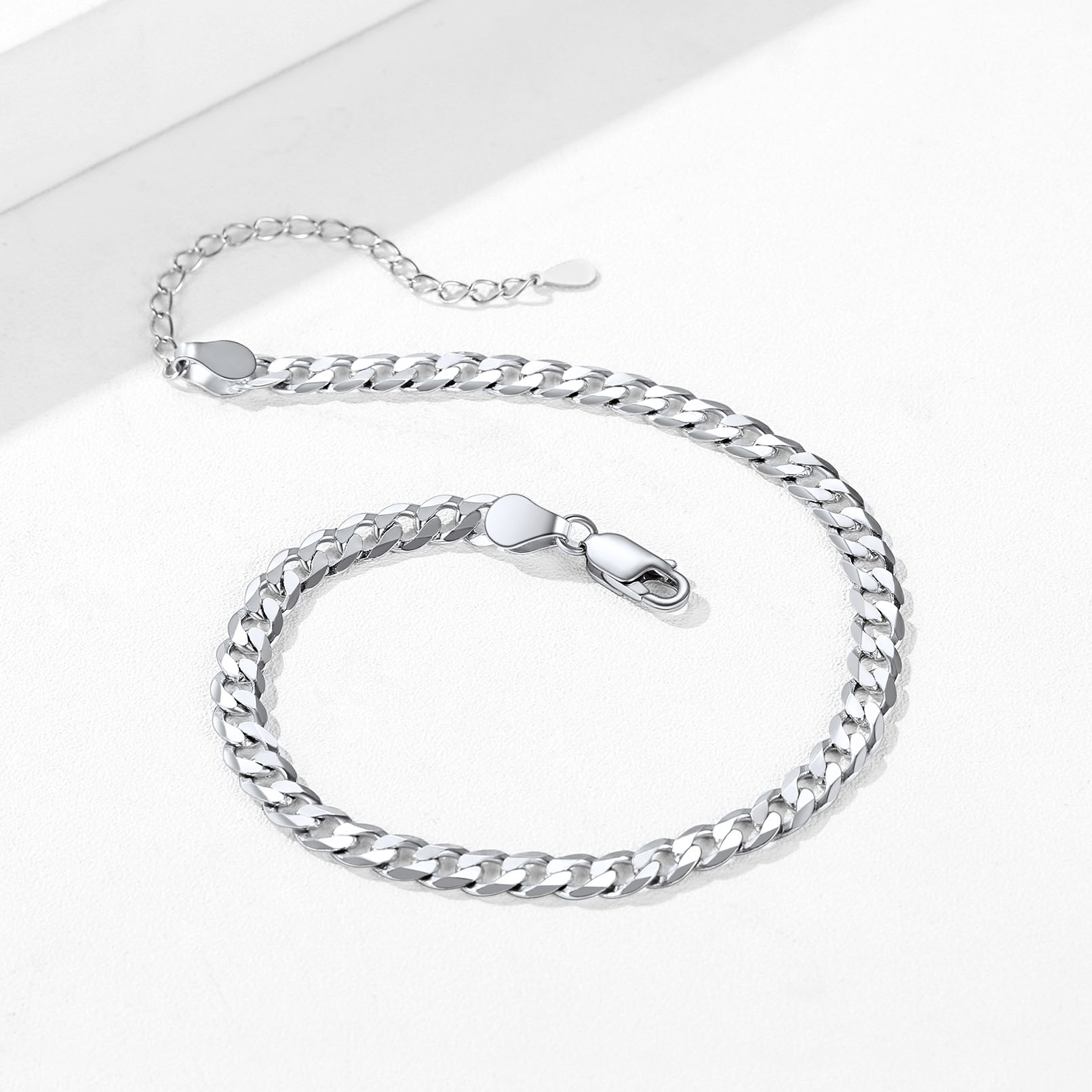 S925 sterling silver Cuban link chain bracelet with lobster clasp and adjustable extension chain