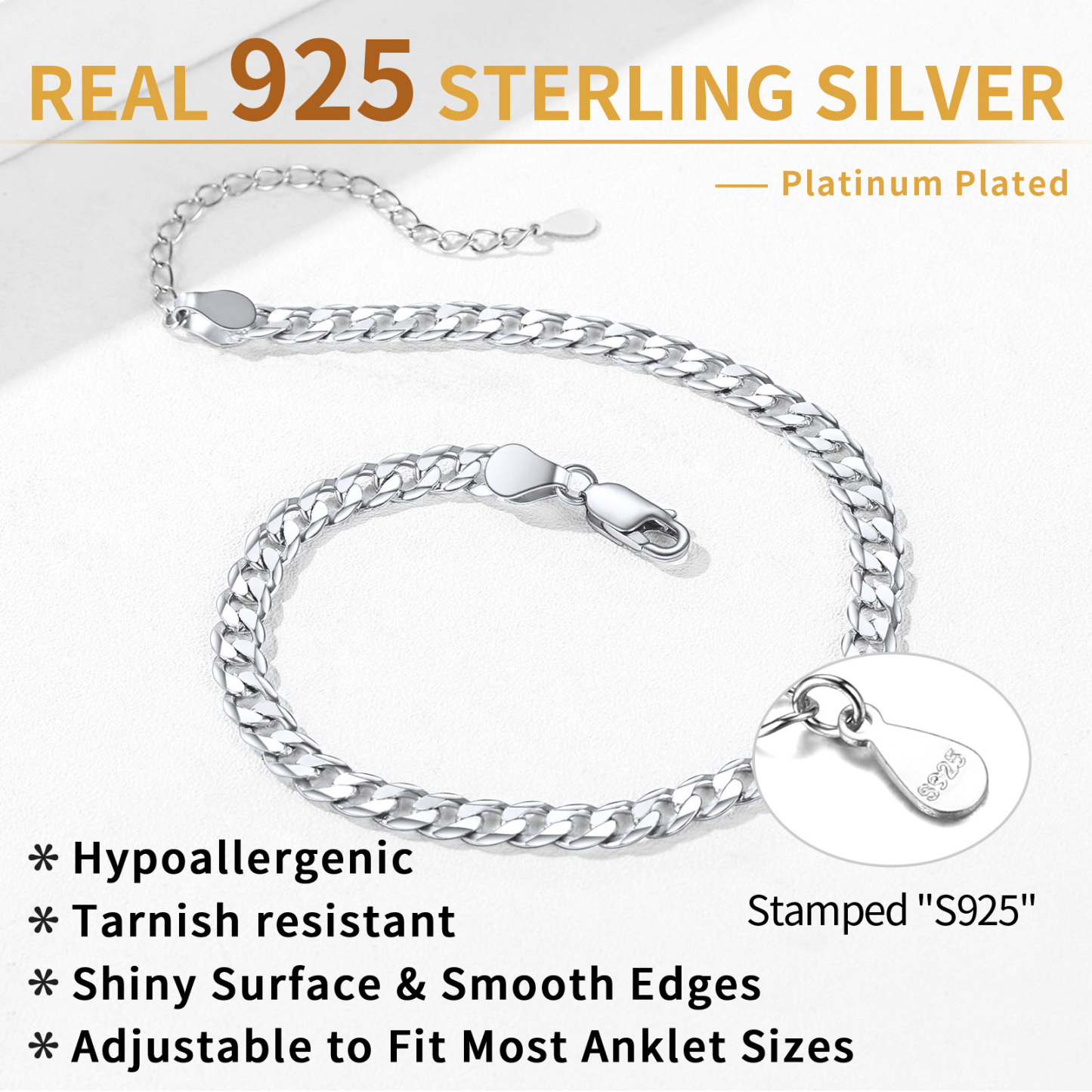 Product tag for S925 sterling silver anklet: hypoallergenic, tarnish-resistant, adjustable, platinum plated.