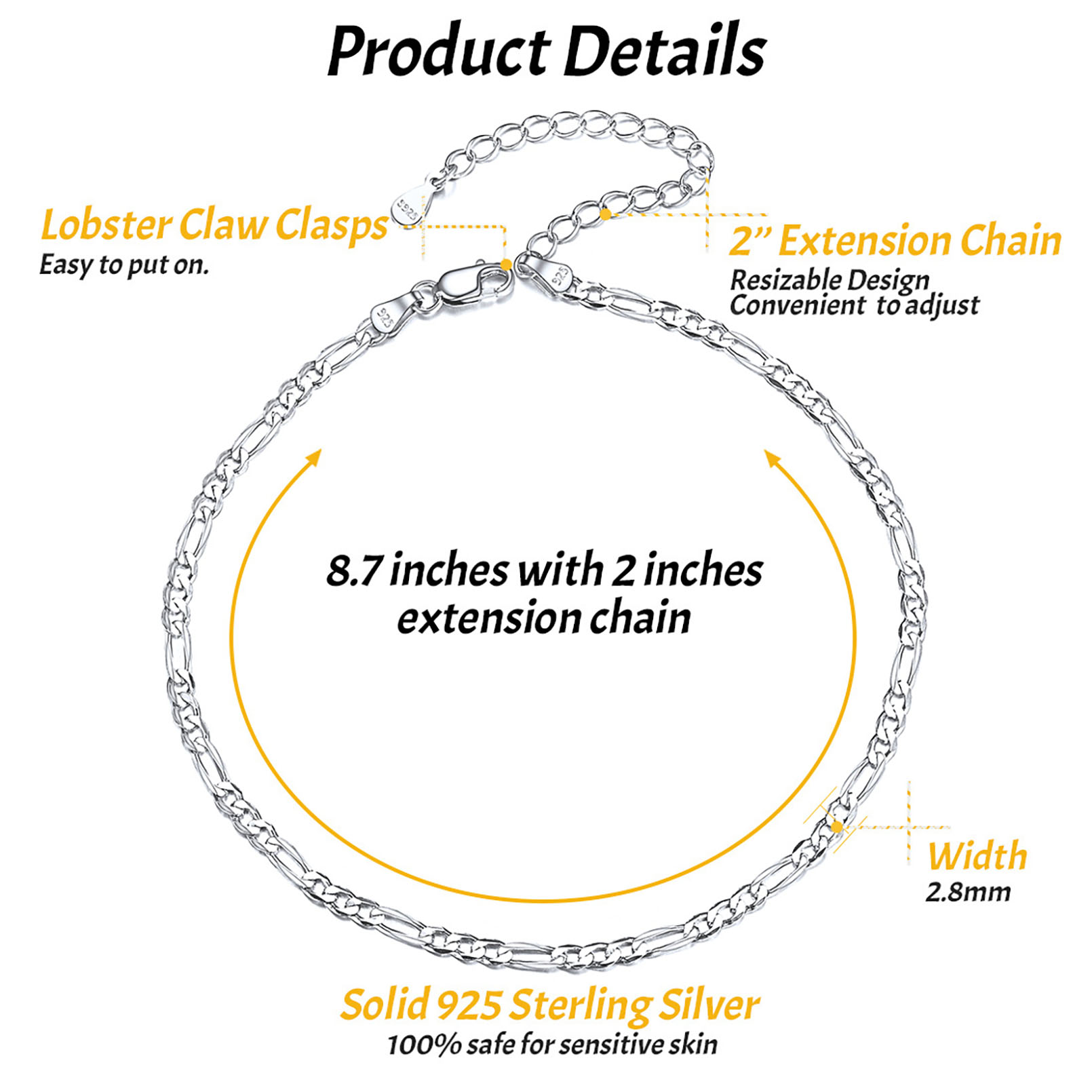 Product details: 8.7-inch solid sterling silver necklace with extension chain