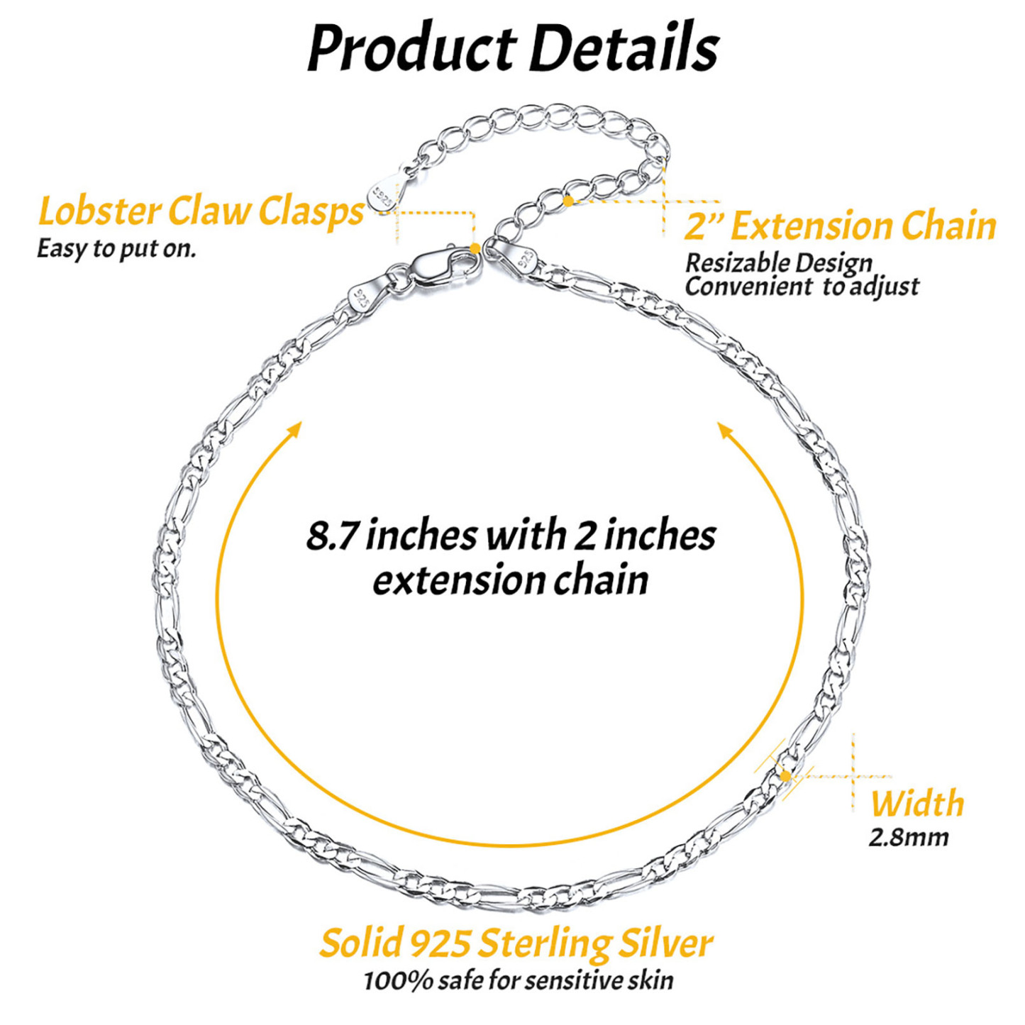 Product details: 8.7-inch solid sterling silver necklace with extension chain