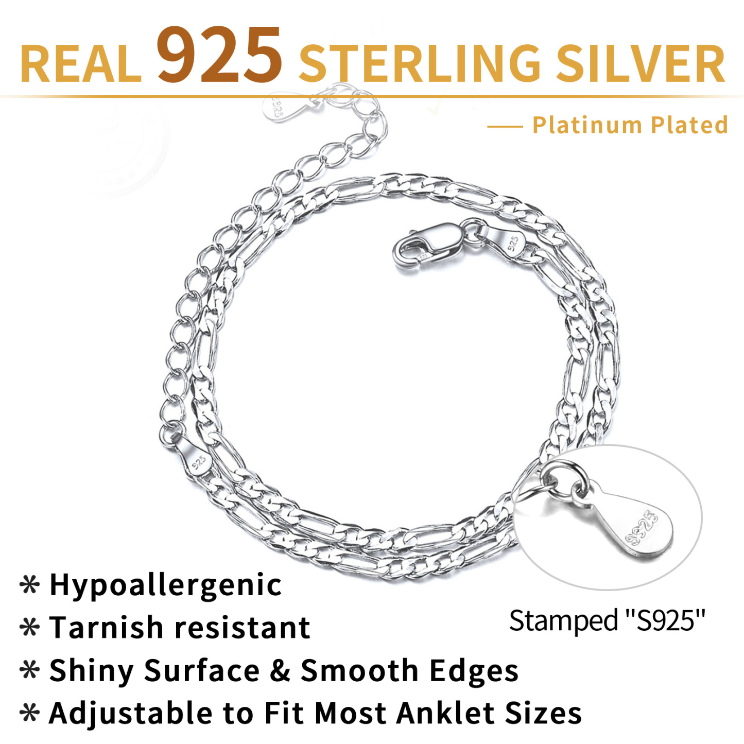 S925 sterling silver anklet platinum plated adjustable tarnish resistant