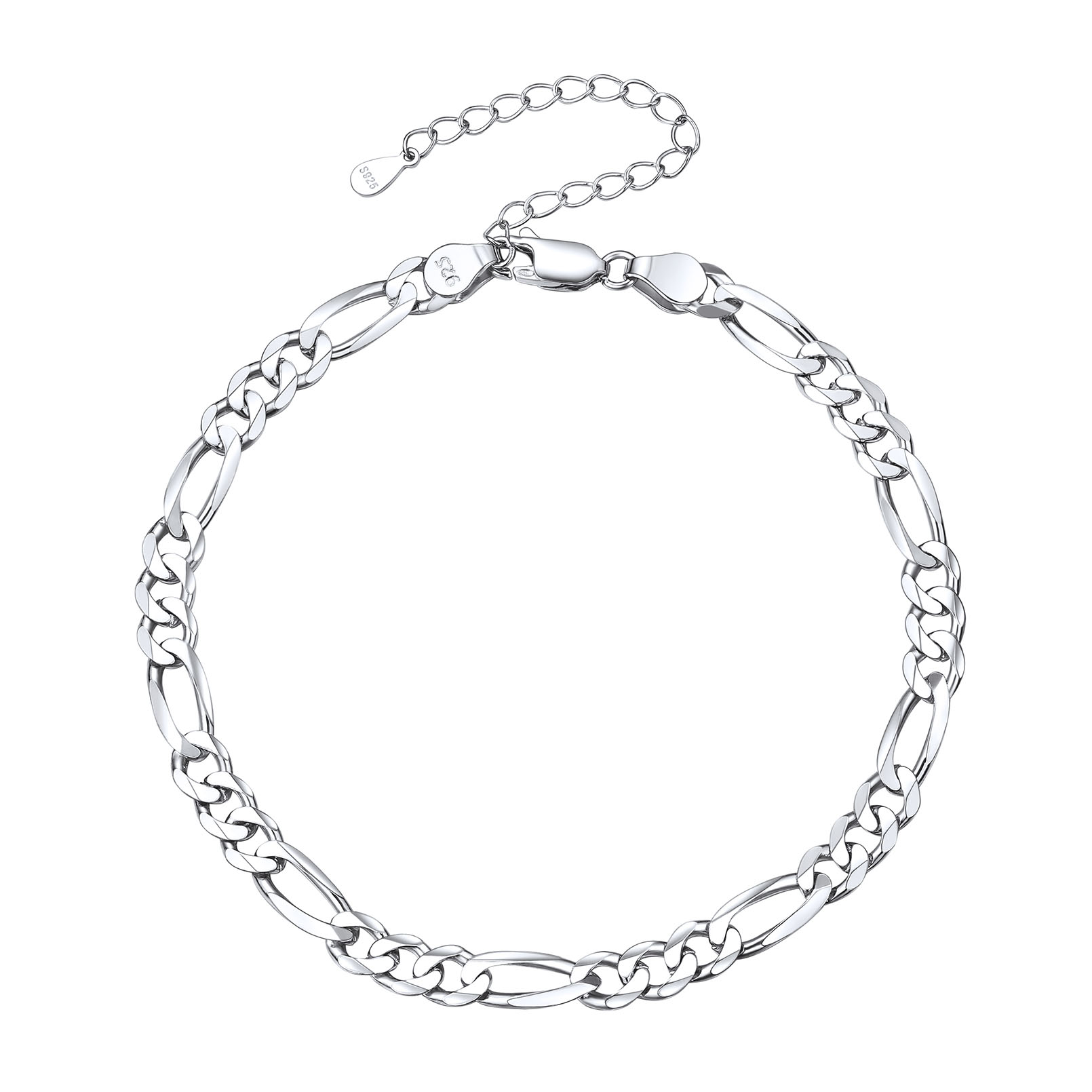 flat display of silver Figaro chain with clasp