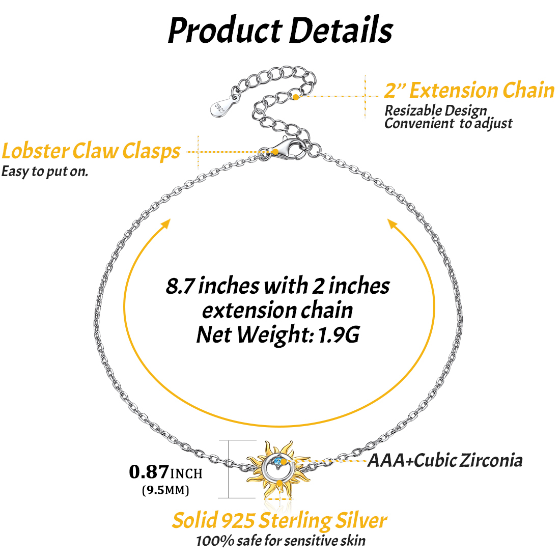 S925 Summer Sun Beach Anklet Size Guide