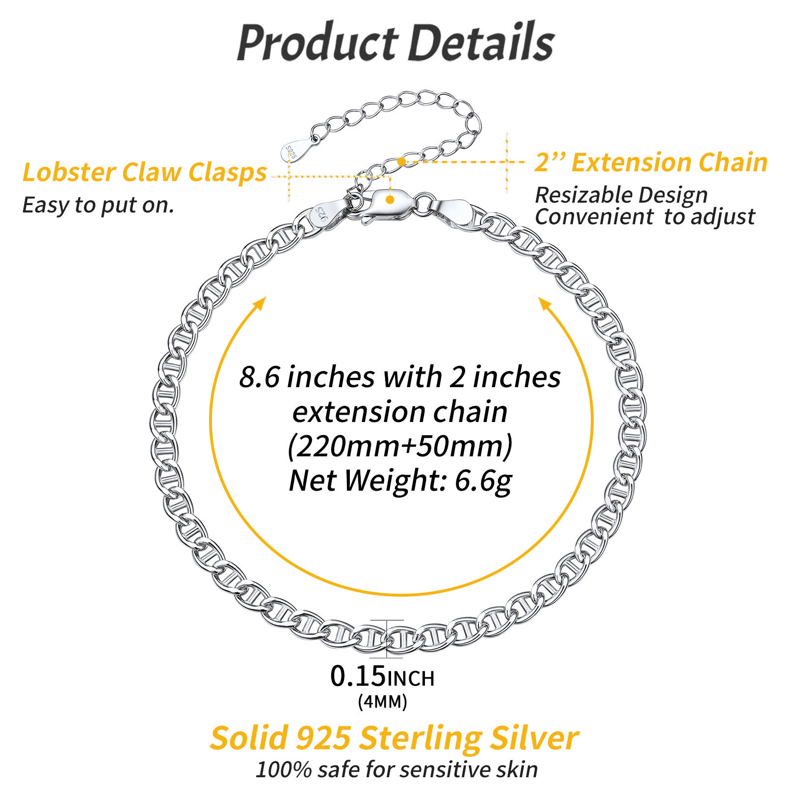 925 sterling silver ankle chain 8.6 inches with 2 inch extension
