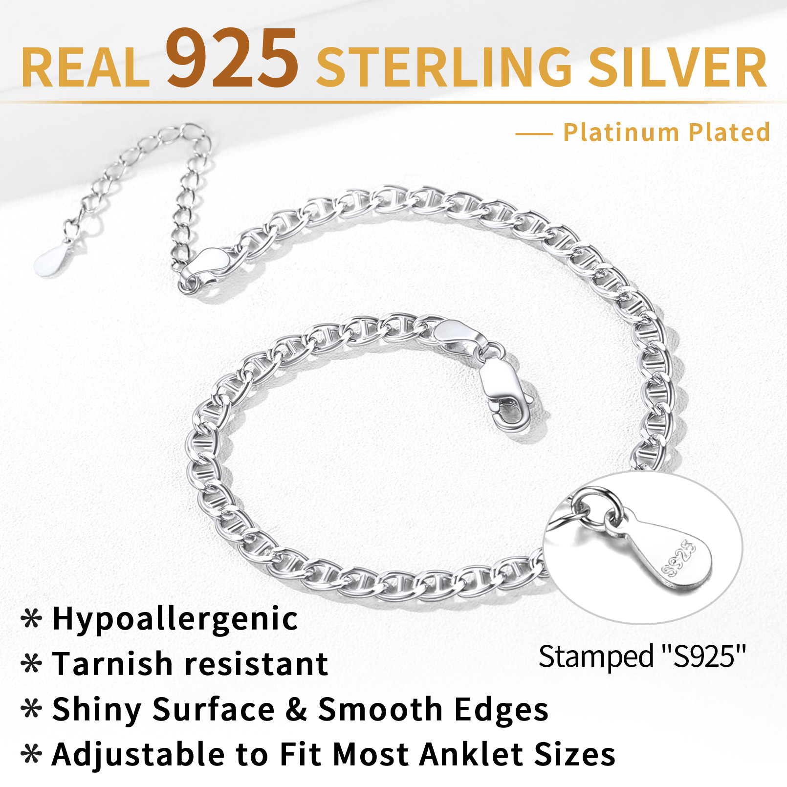S925 sterling silver platinum plated adjustable anklet with smooth edges