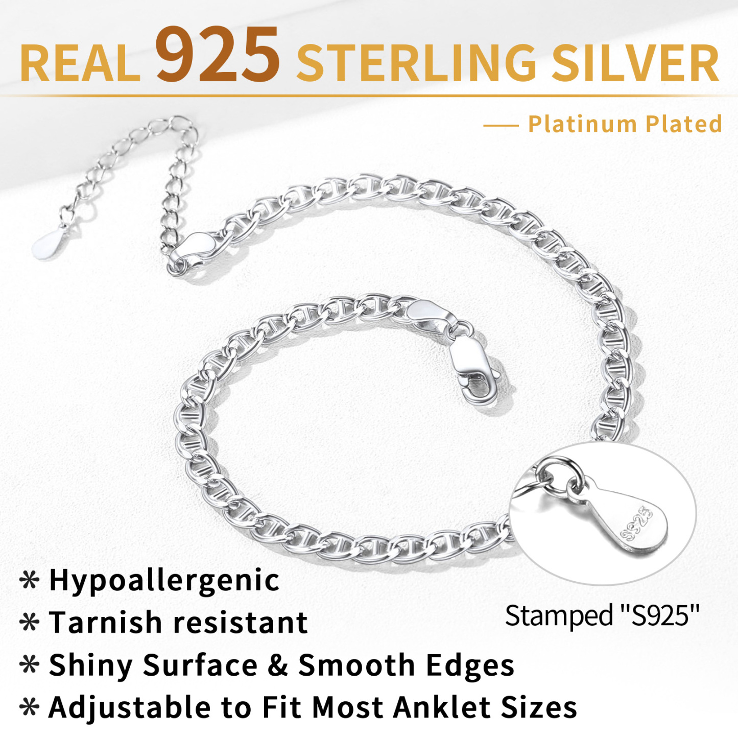 S925 sterling silver platinum plated adjustable anklet with smooth edges