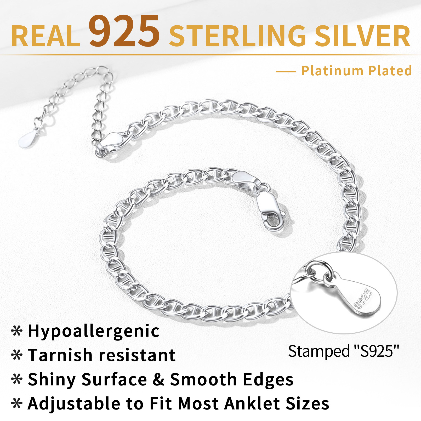 S925 sterling silver platinum plated adjustable anklet with smooth edges