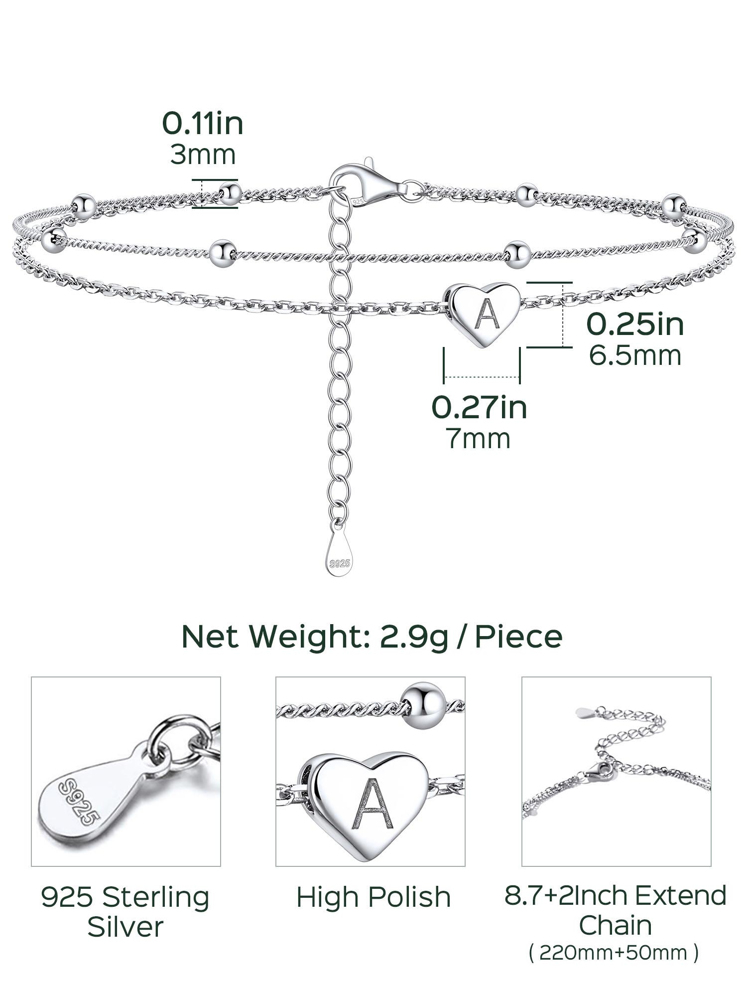 Sterling Silver Layered Initial Heart Anklet Adjustable for Women