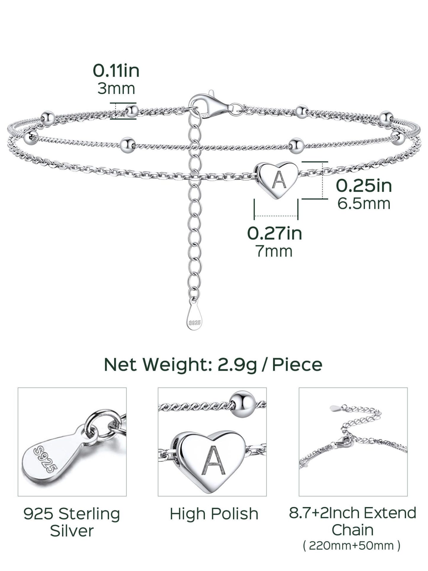 Sterling Silver Layered Initial Heart Anklet Adjustable for Women