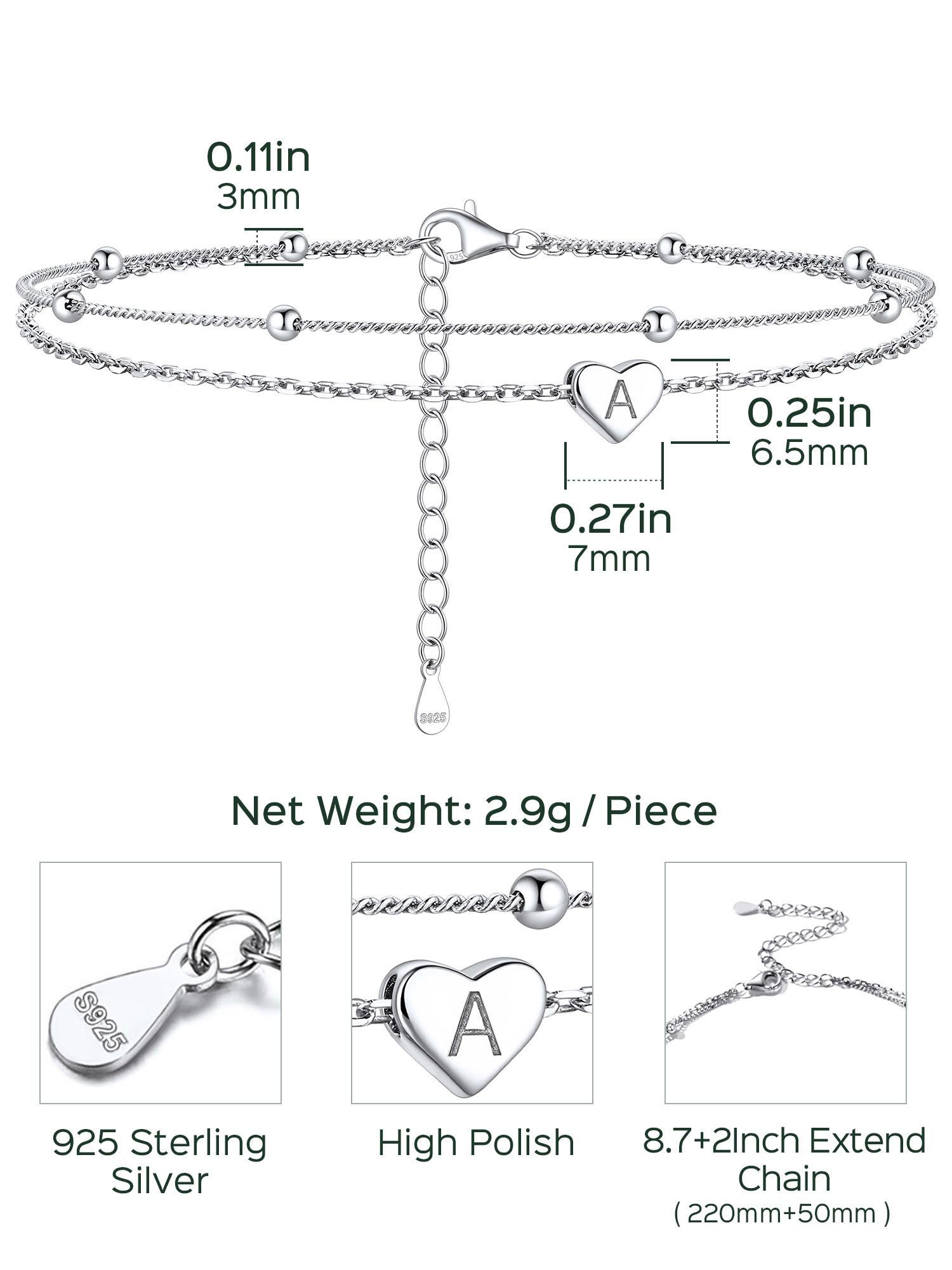 Sterling Silver Layered Initial Heart Anklet Adjustable for Women