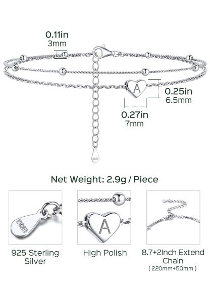 Sterling Silver Layered Initial Heart Anklet Adjustable for Women