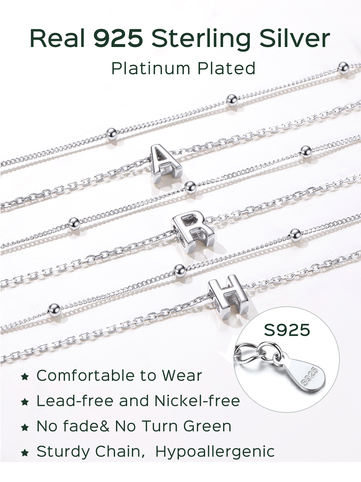 Sterling Silver Dainty Layered Waterproof Initial Anklets