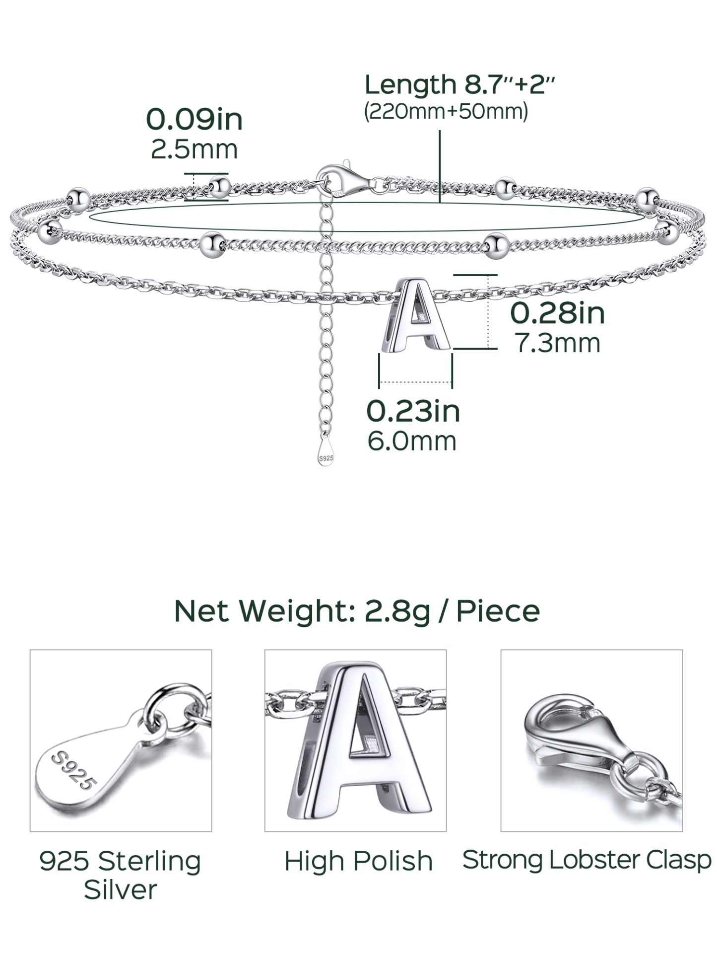Dainty Layered Waterproof Initial Anklets Details: Dimensions, Hypoallergenic, Lobster-Claw-Clasps