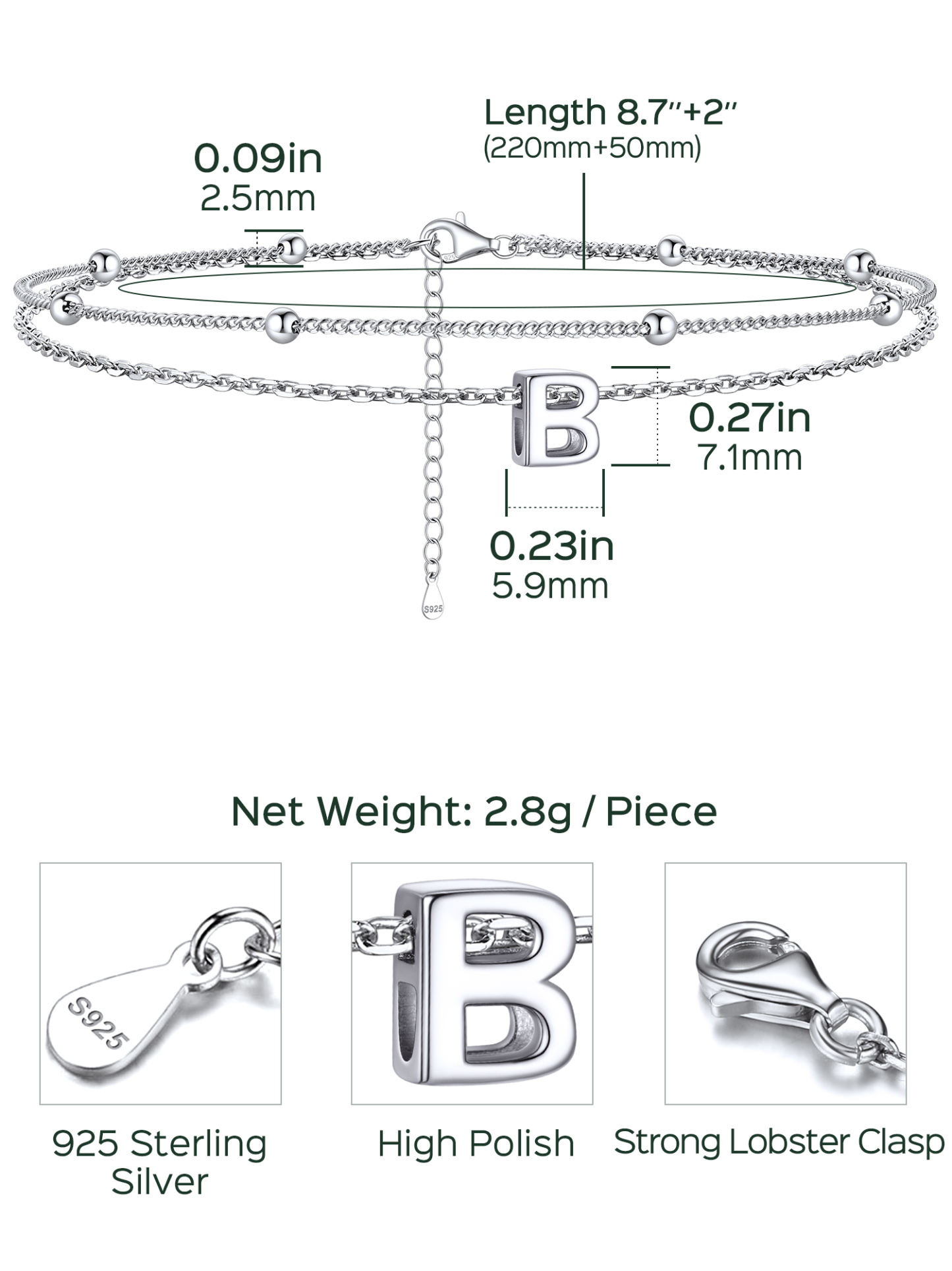 Dainty Layered Waterproof Initial Anklets Details: Dimensions, Hypoallergenic, Lobster-Claw-Clasps