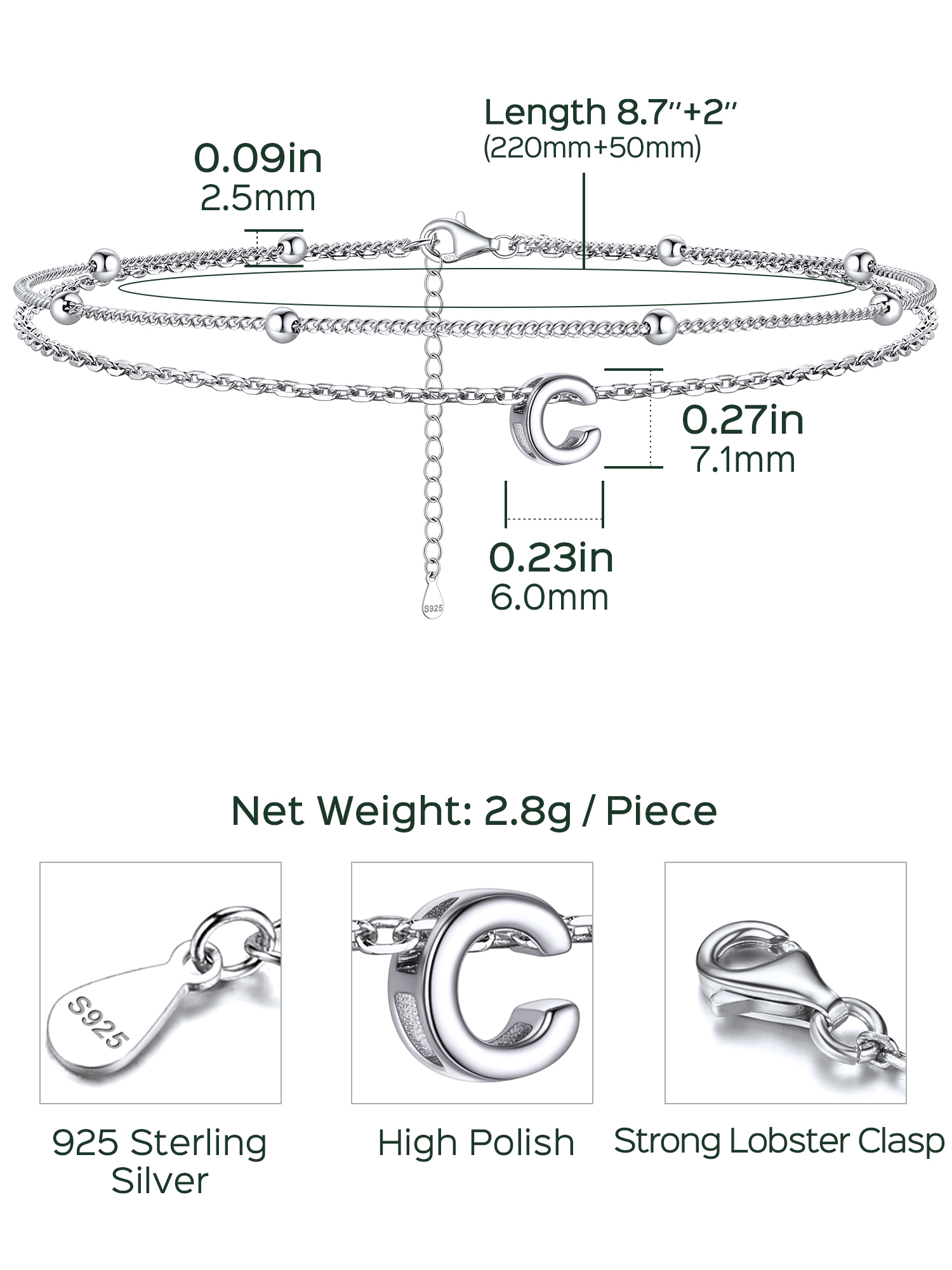 Dainty Layered Waterproof Initial Anklets Details: Dimensions, Hypoallergenic, Lobster-Claw-Clasps
