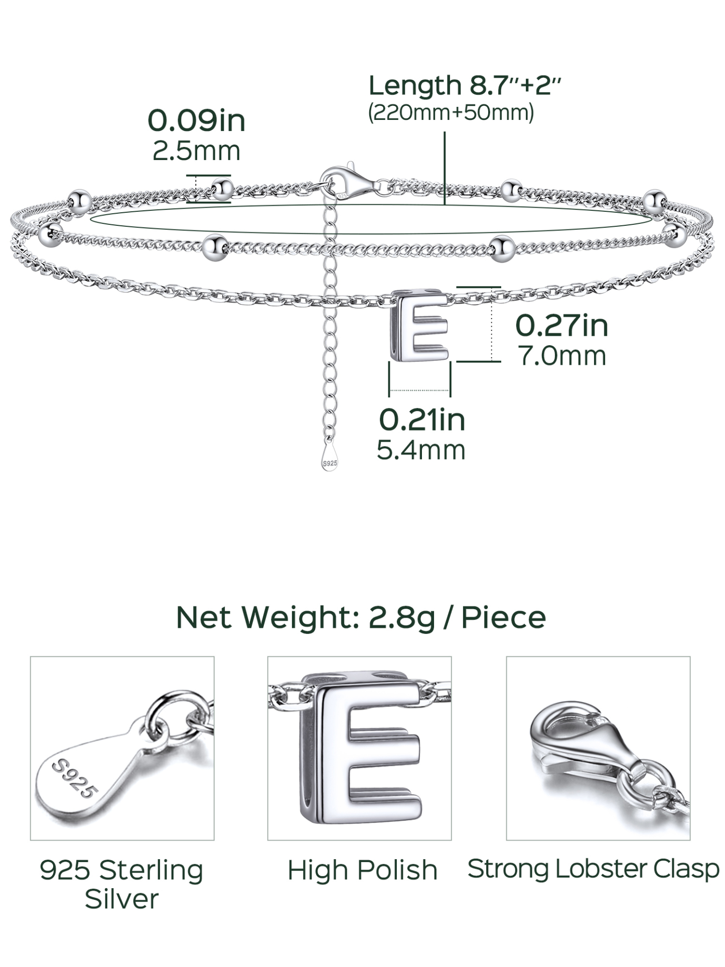 Dainty Layered Waterproof Initial Anklets Details: Dimensions, Hypoallergenic, Lobster-Claw-Clasps