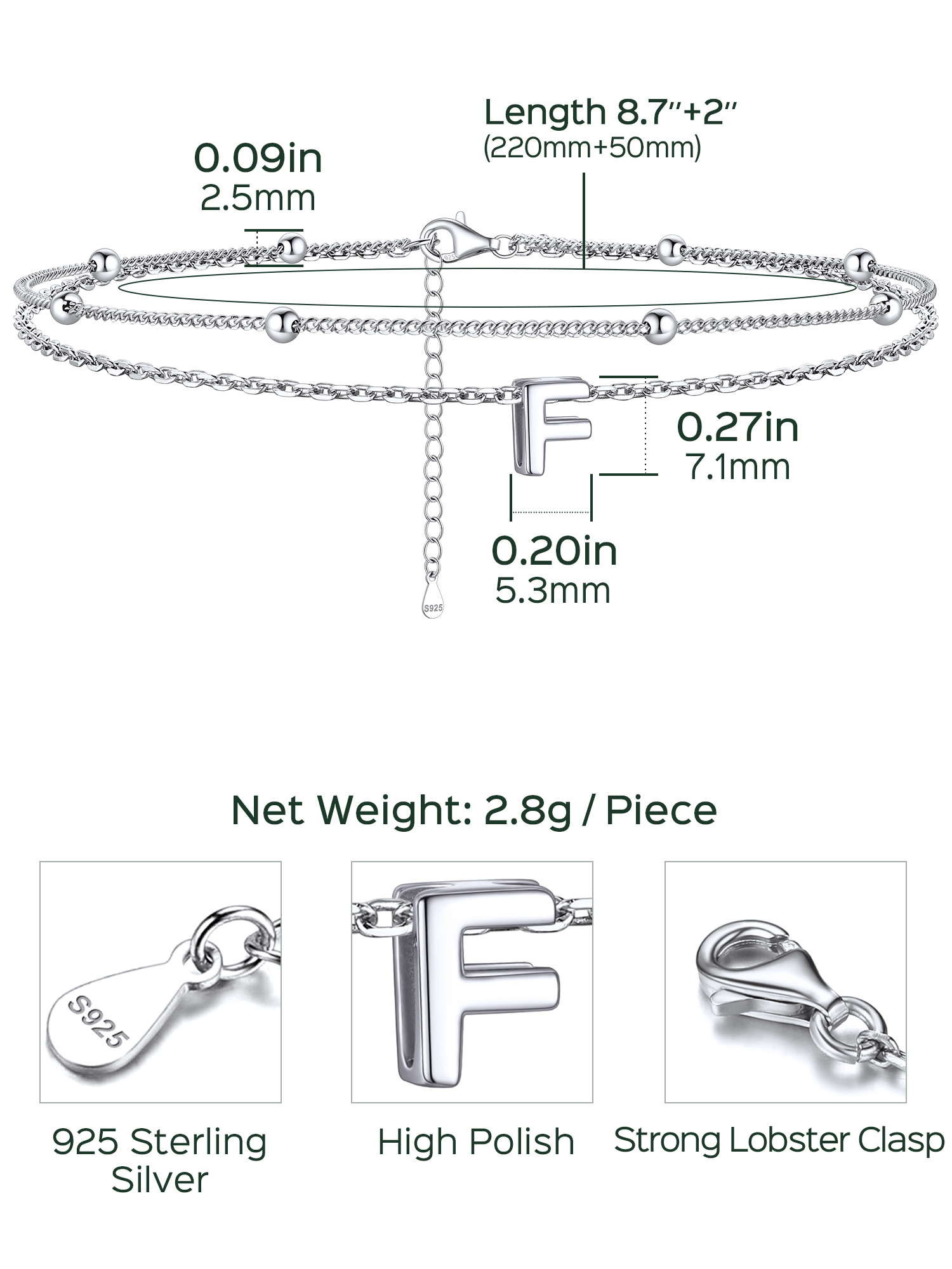Dainty Layered Waterproof Initial Anklets Details: Dimensions, Hypoallergenic, Lobster-Claw-Clasps