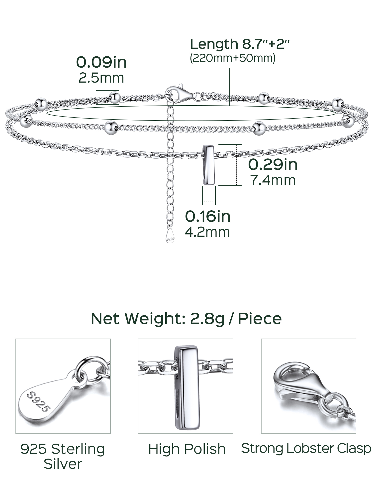 Dainty Layered Waterproof Initial Anklets Details: Dimensions, Hypoallergenic, Lobster-Claw-Clasps