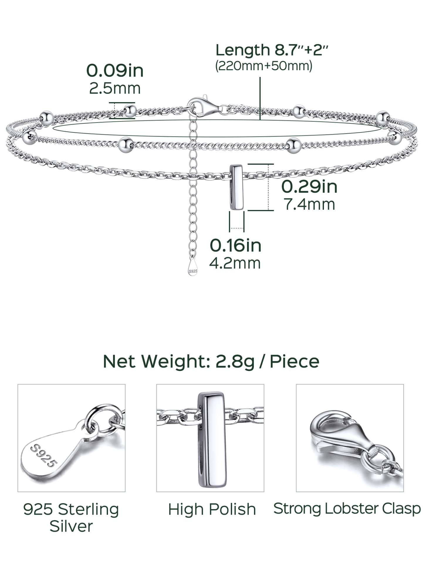 Dainty Layered Waterproof Initial Anklets Details: Dimensions, Hypoallergenic, Lobster-Claw-Clasps