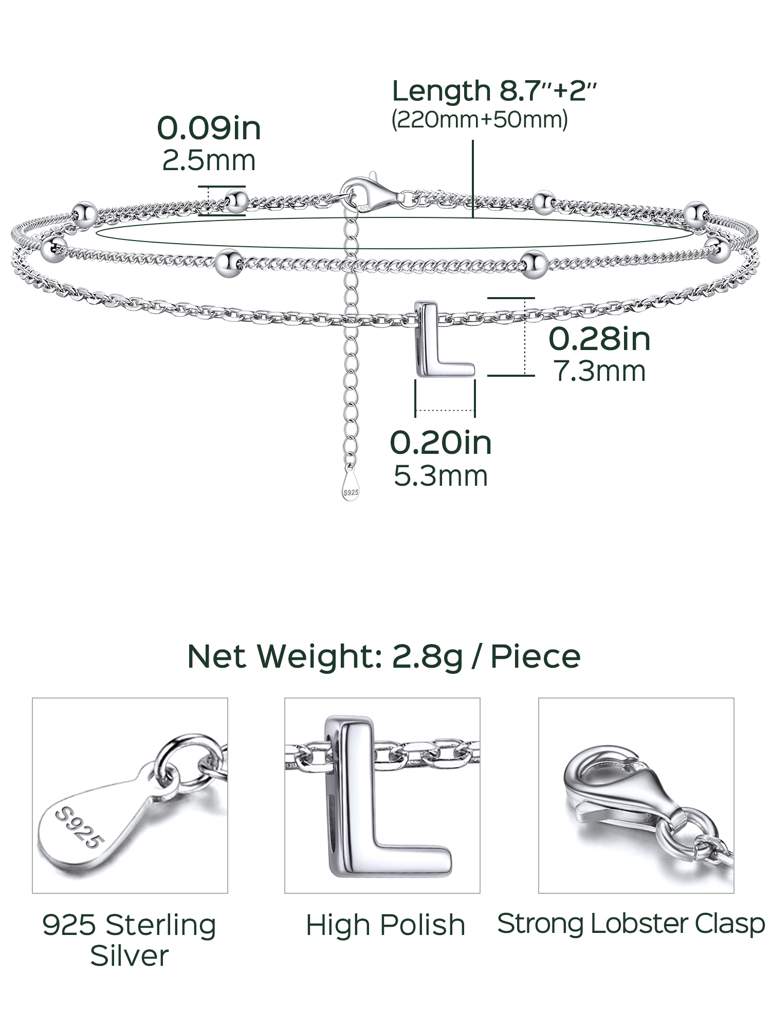 Dainty Layered Waterproof Initial Anklets Details: Dimensions, Hypoallergenic, Lobster-Claw-Clasps