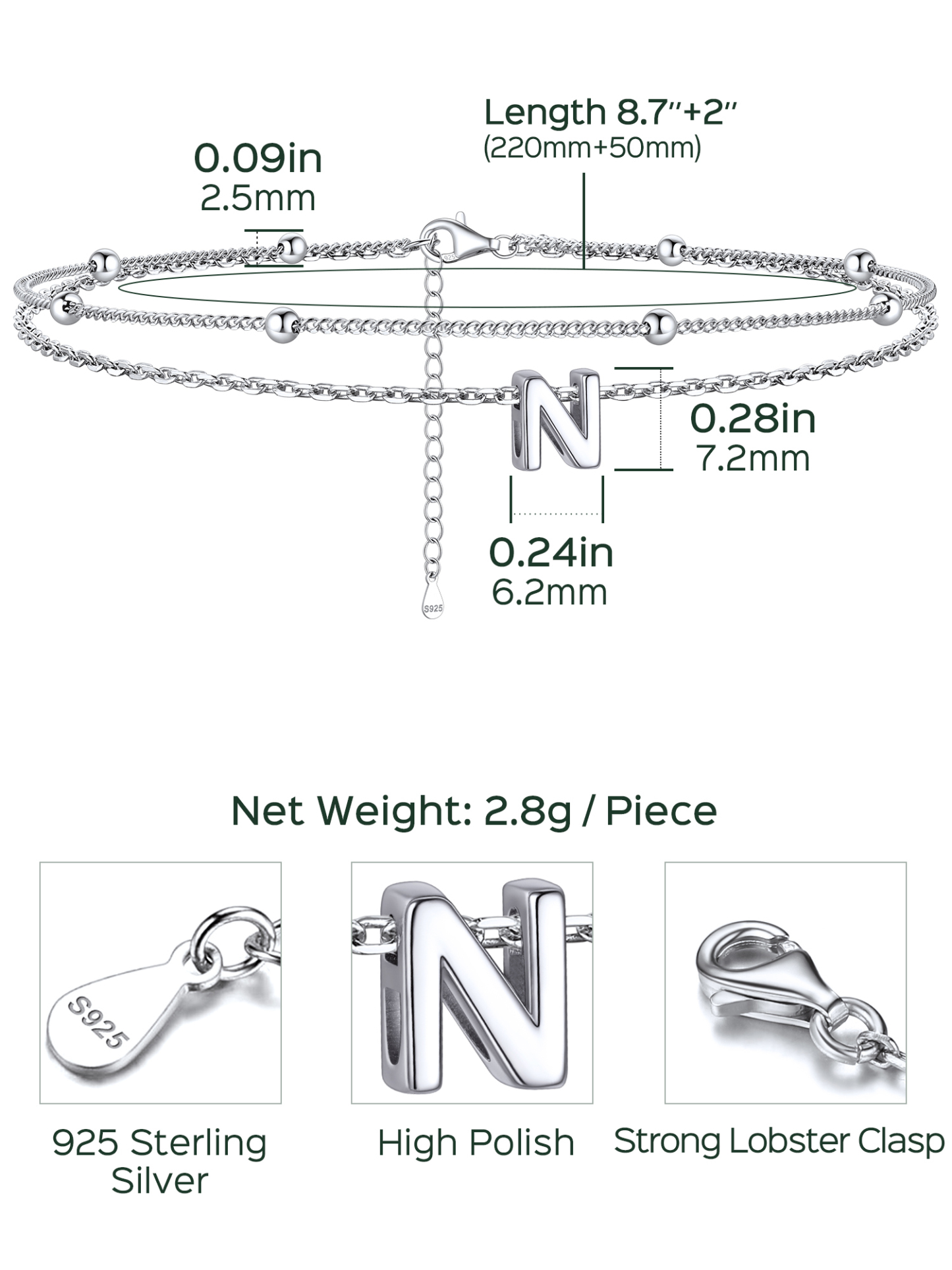 Dainty Layered Waterproof Initial Anklets Details: Dimensions, Hypoallergenic, Lobster-Claw-Clasps