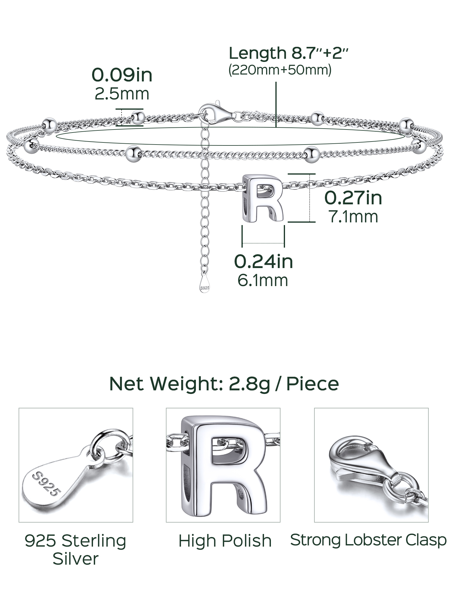 Dainty Layered Waterproof Initial Anklets Details: Dimensions, Hypoallergenic, Lobster-Claw-Clasps