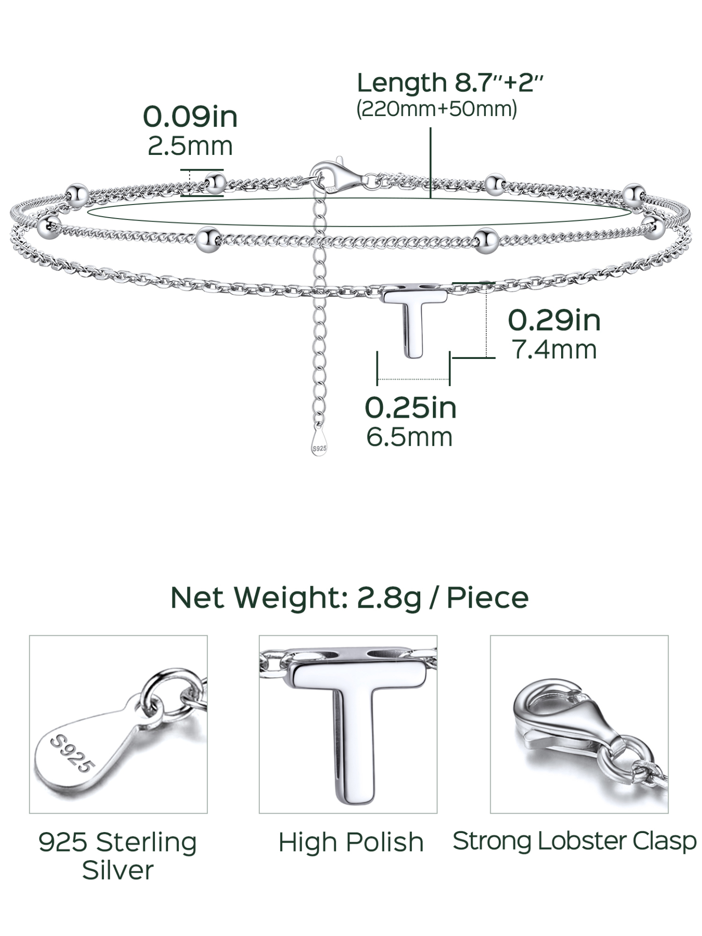 Dainty Layered Waterproof Initial Anklets Details: Dimensions, Hypoallergenic, Lobster-Claw-Clasps