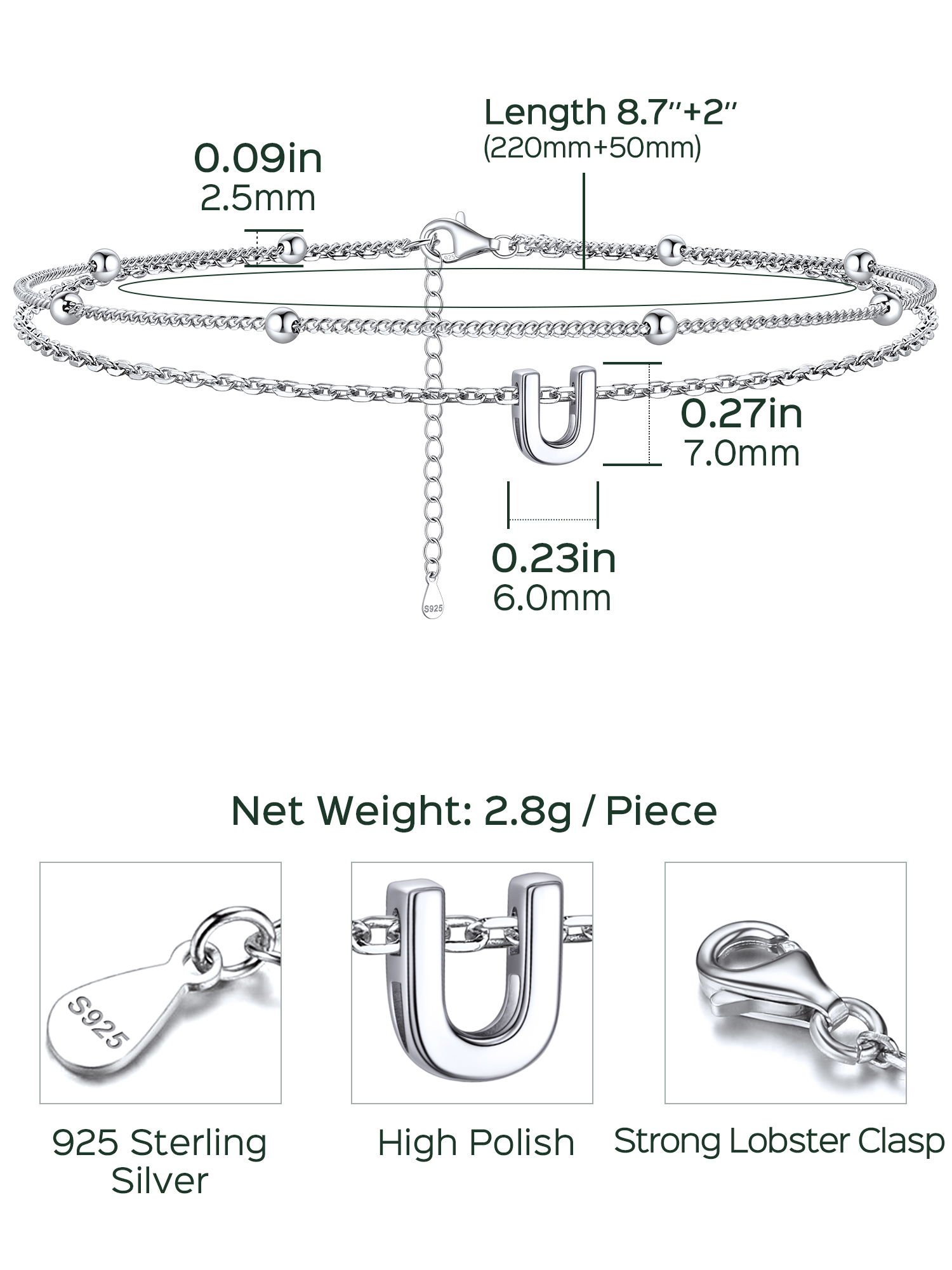 Dainty Layered Waterproof Initial Anklets Details: Dimensions, Hypoallergenic, Lobster-Claw-Clasps