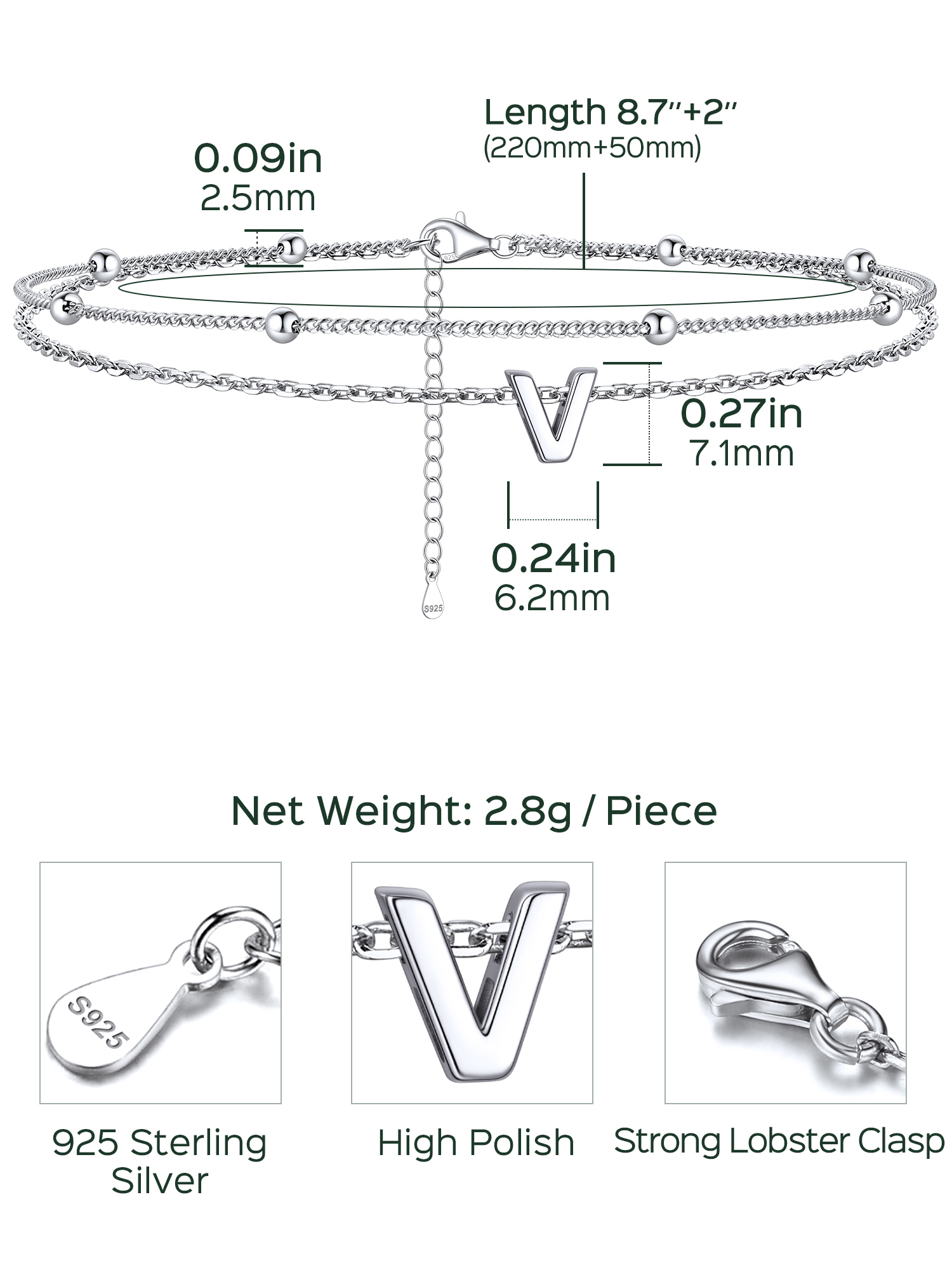 Dainty Layered Waterproof Initial Anklets Details: Dimensions, Hypoallergenic, Lobster-Claw-Clasps
