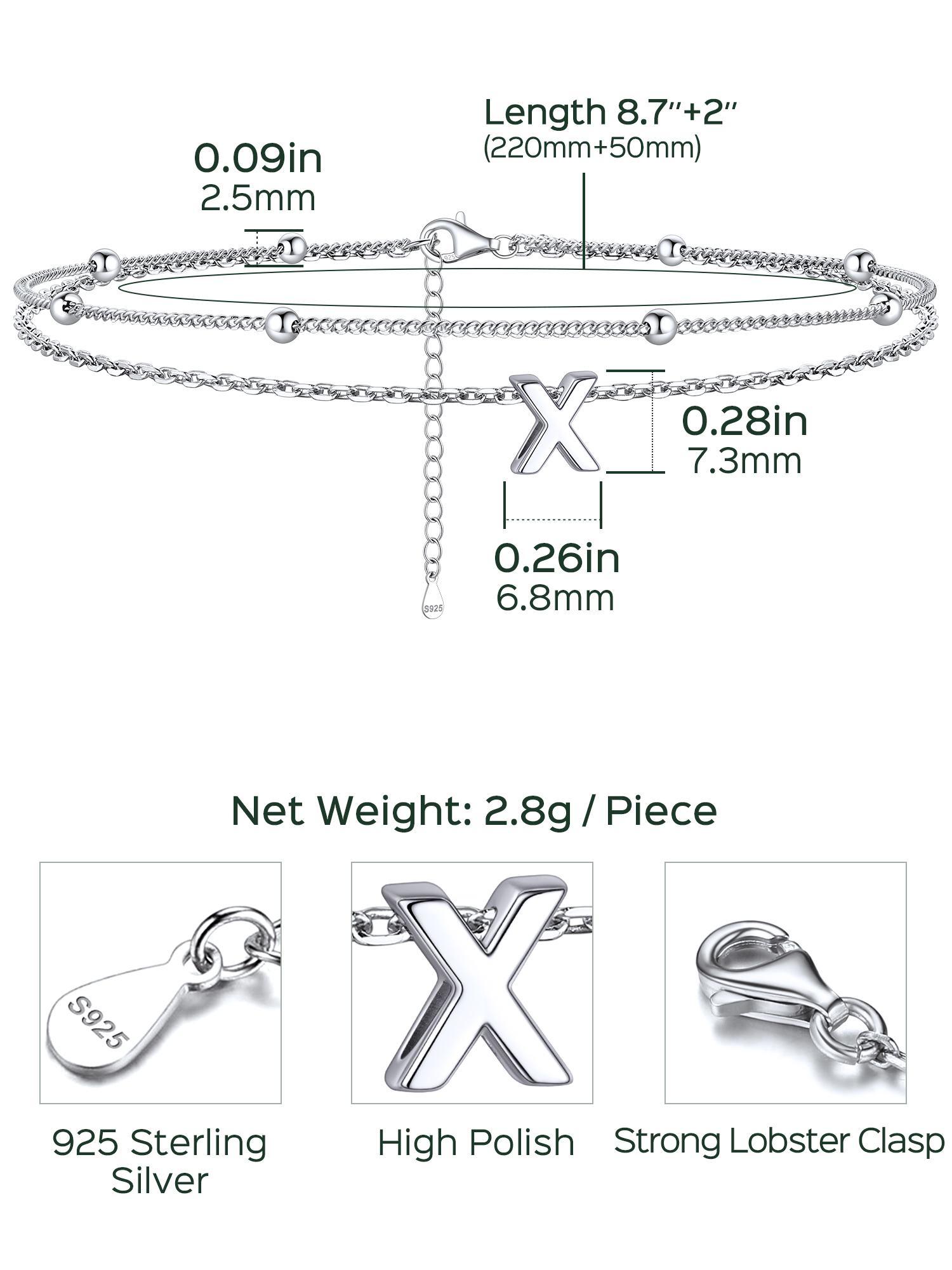 Dainty Layered Waterproof Initial Anklets Details: Dimensions, Hypoallergenic, Lobster-Claw-Clasps