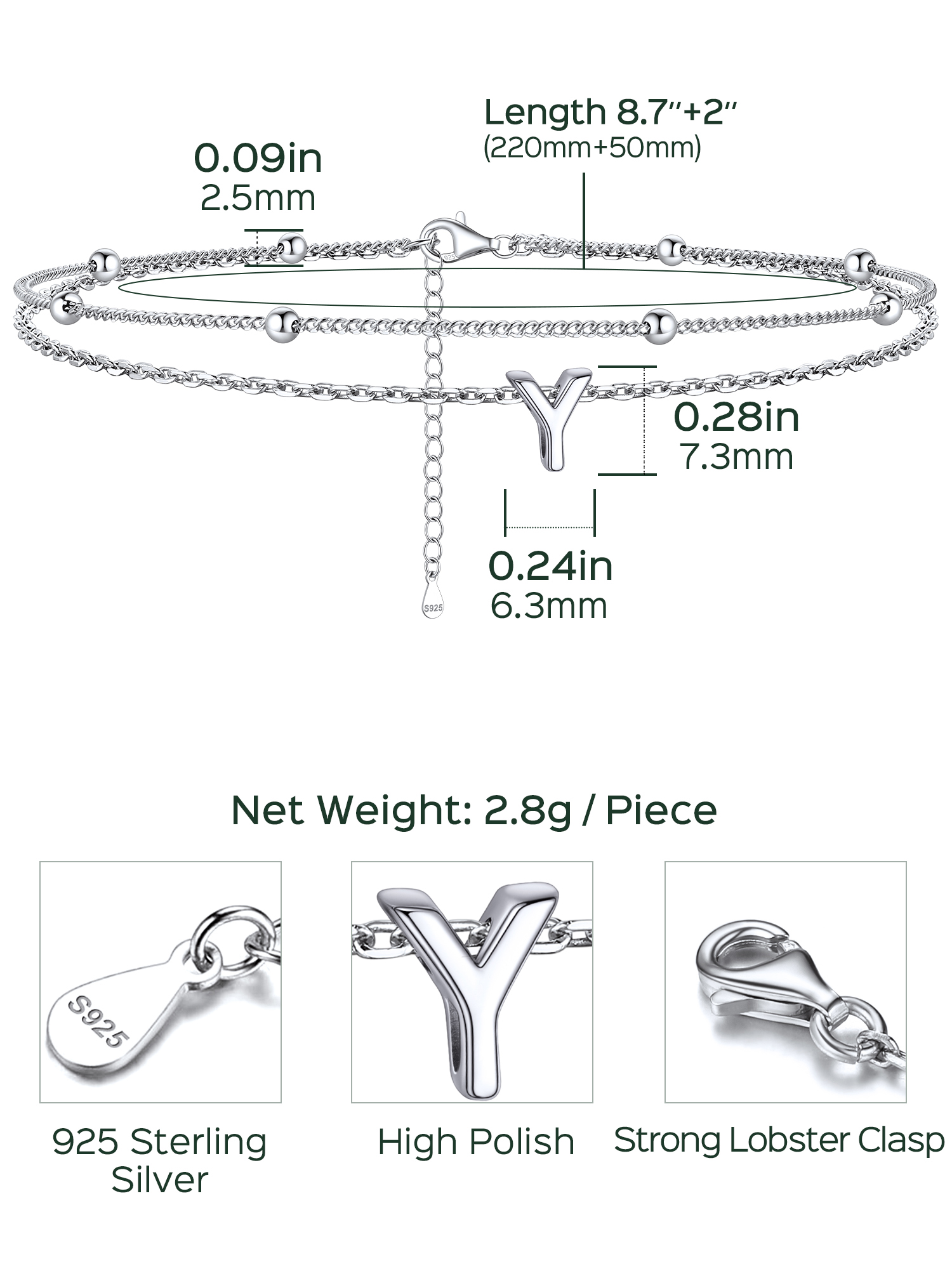 Dainty Layered Waterproof Initial Anklets Details: Dimensions, Hypoallergenic, Lobster-Claw-Clasps