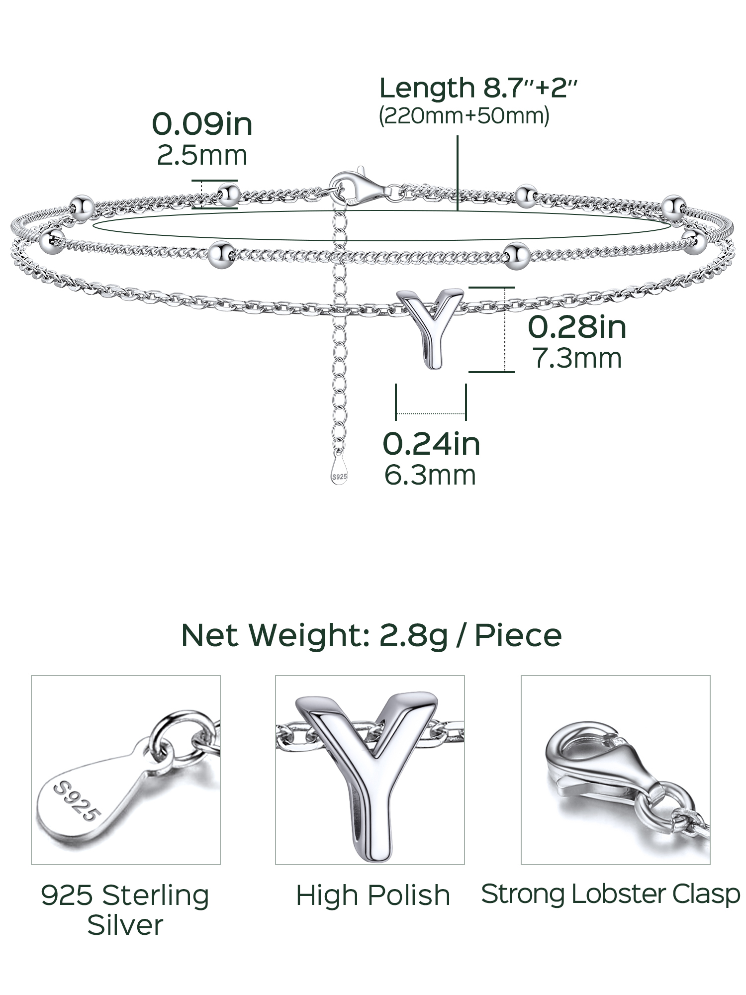 Dainty Layered Waterproof Initial Anklets Details: Dimensions, Hypoallergenic, Lobster-Claw-Clasps
