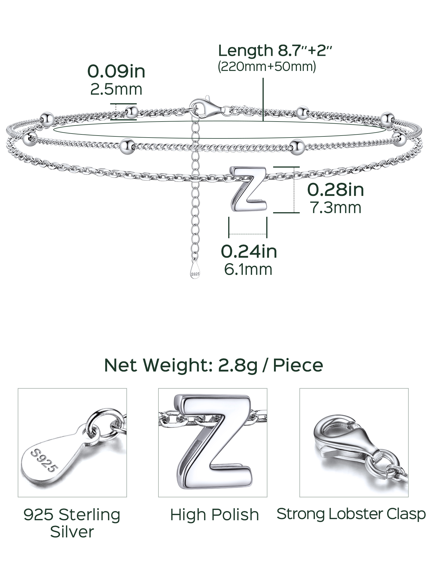 Dainty Layered Waterproof Initial Anklets Details: Dimensions, Hypoallergenic, Lobster-Claw-Clasps