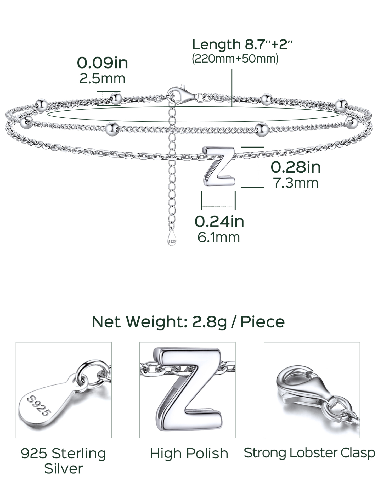 Dainty Layered Waterproof Initial Anklets Details: Dimensions, Hypoallergenic, Lobster-Claw-Clasps