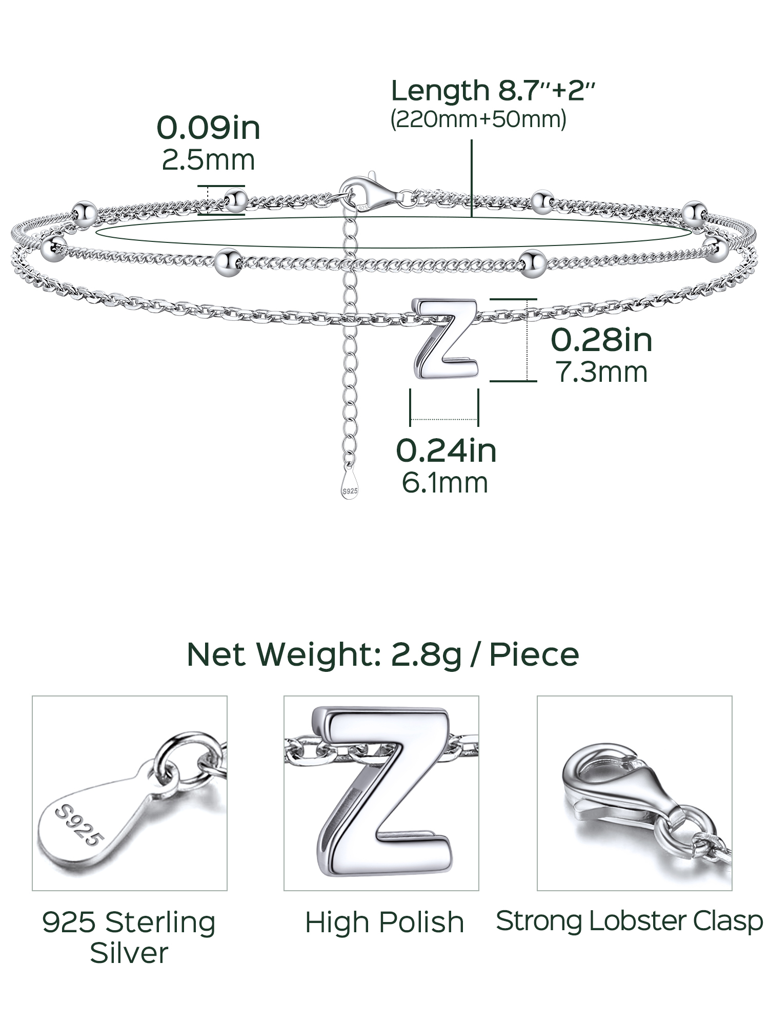 Dainty Layered Waterproof Initial Anklets Details: Dimensions, Hypoallergenic, Lobster-Claw-Clasps