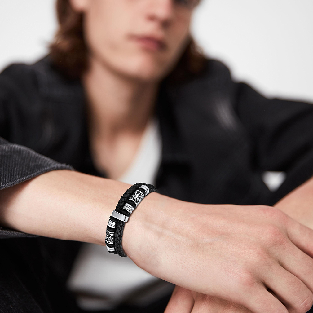 Compass Celtic Charm Braided Leather Bracelet With Magnetic Buckle