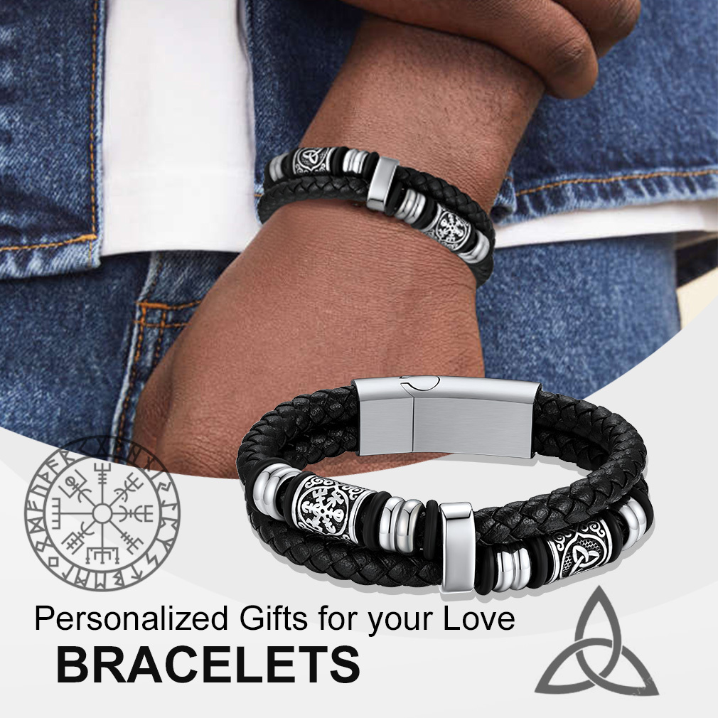 Compass Celtic Charm Braided Leather Bracelet With Magnetic Buckle