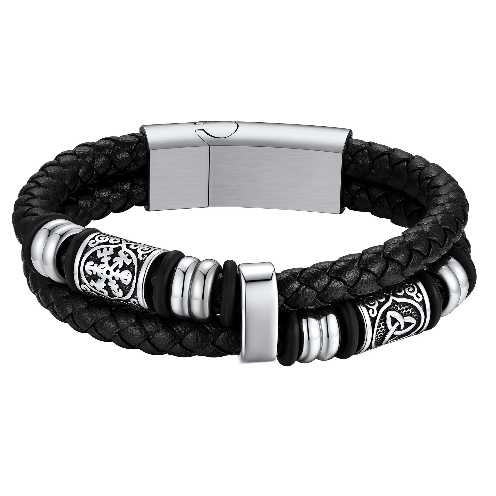 Compass Celtic Charm Braided Leather Bracelet With Magnetic Buckle