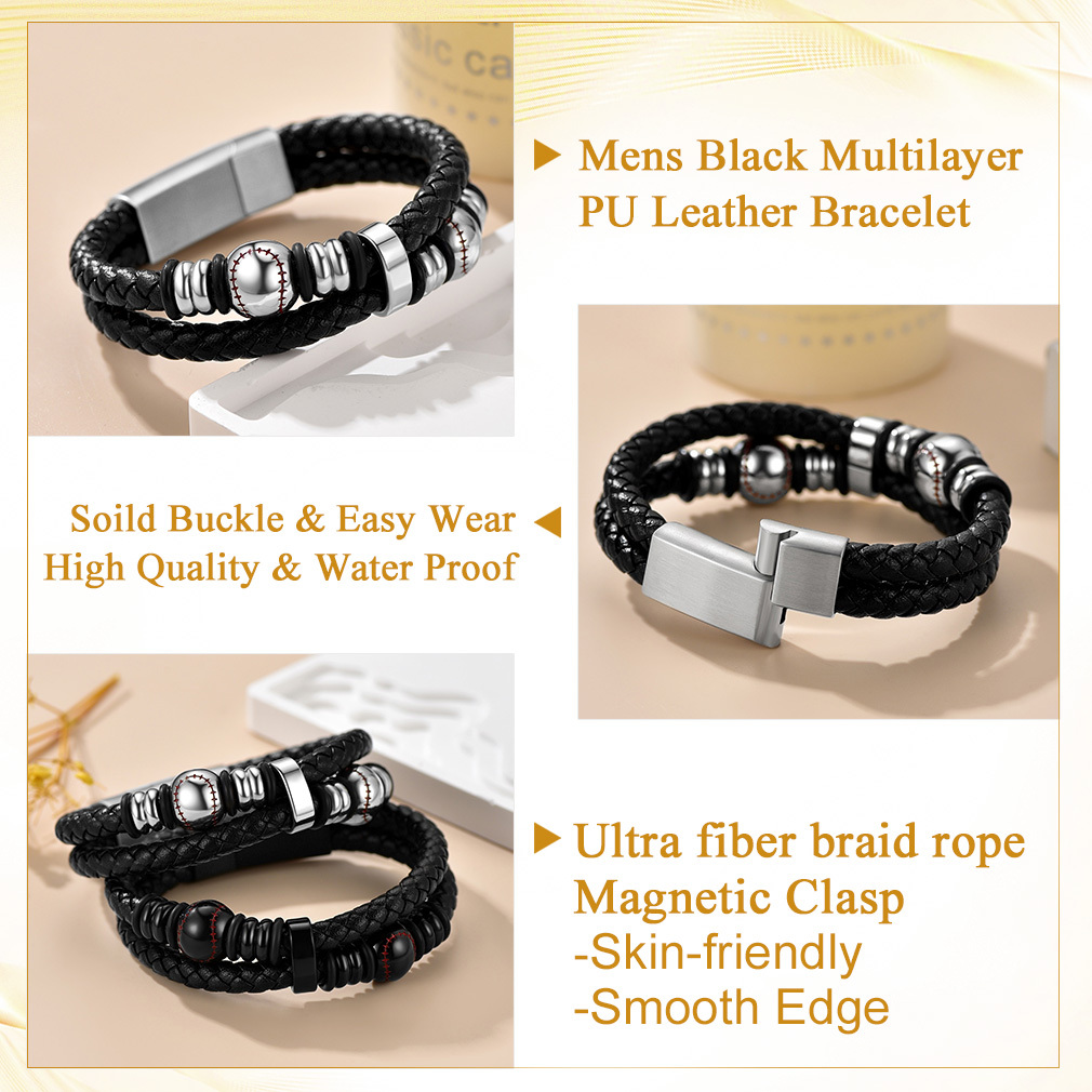 Baseball Beaded Woven Leather Bracelet With Magnetic Buckle