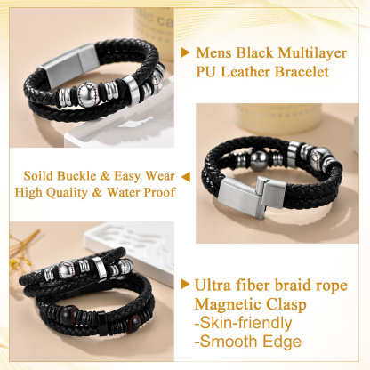 Baseball Beaded Woven Leather Bracelet With Magnetic Buckle