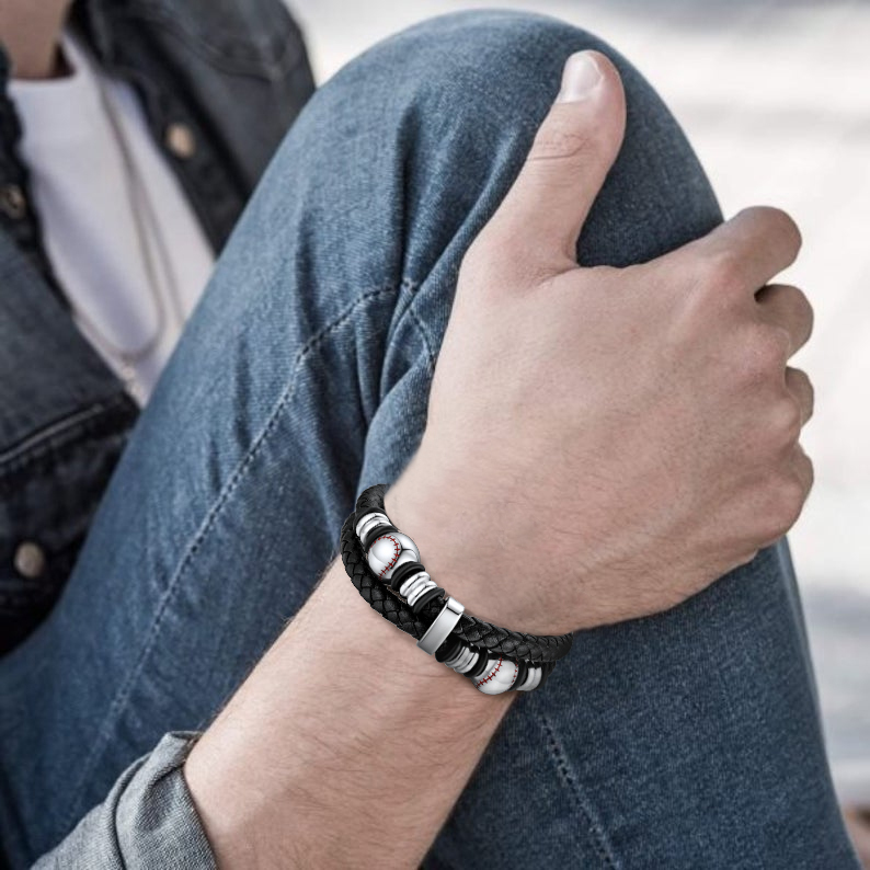 Baseball Beaded Woven Leather Bracelet With Magnetic Buckle