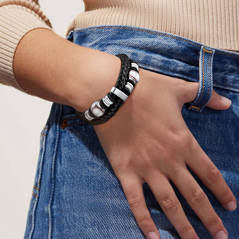Baseball Beaded Woven Leather Bracelet With Magnetic Buckle