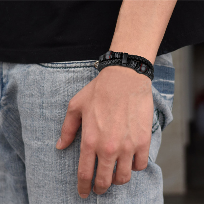 Baseball Beaded Woven Leather Bracelet With Magnetic Buckle