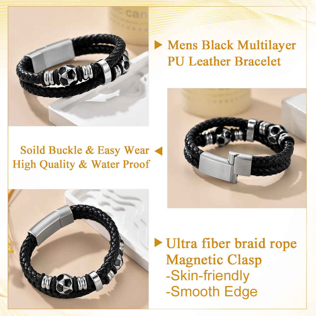 Football Beaded Woven Leather Bracelet With Magnetic Buckle