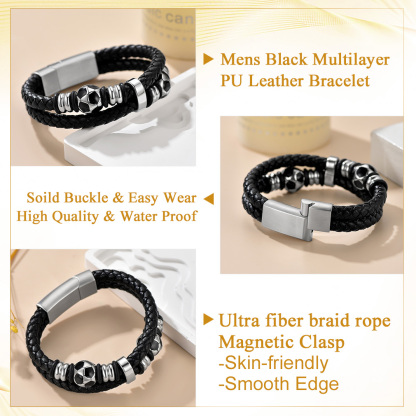 Football Beaded Woven Leather Bracelet With Magnetic Buckle