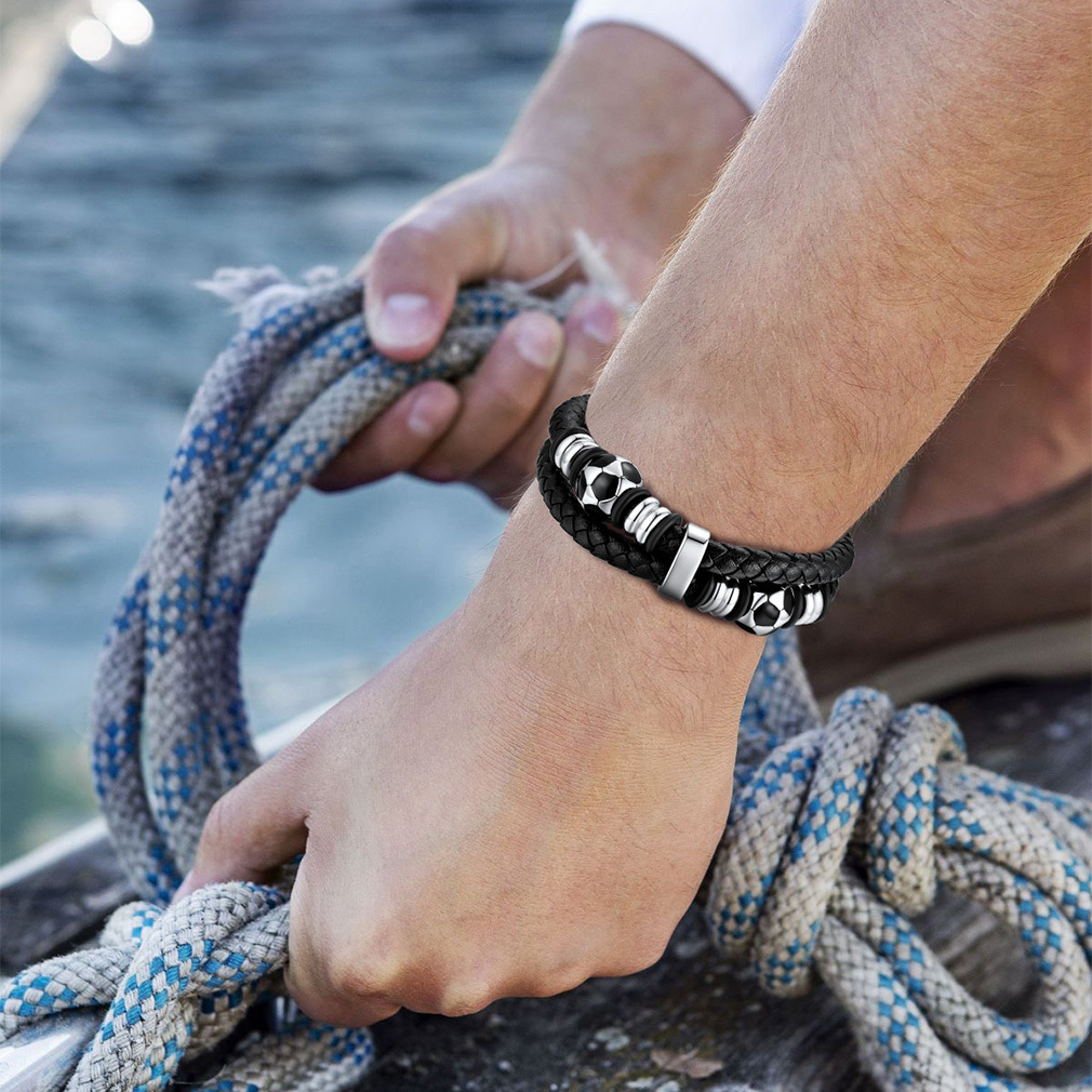 Football Beaded Woven Leather Bracelet With Magnetic Buckle