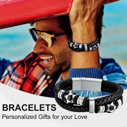 Football Beaded Woven Leather Bracelet With Magnetic Buckle