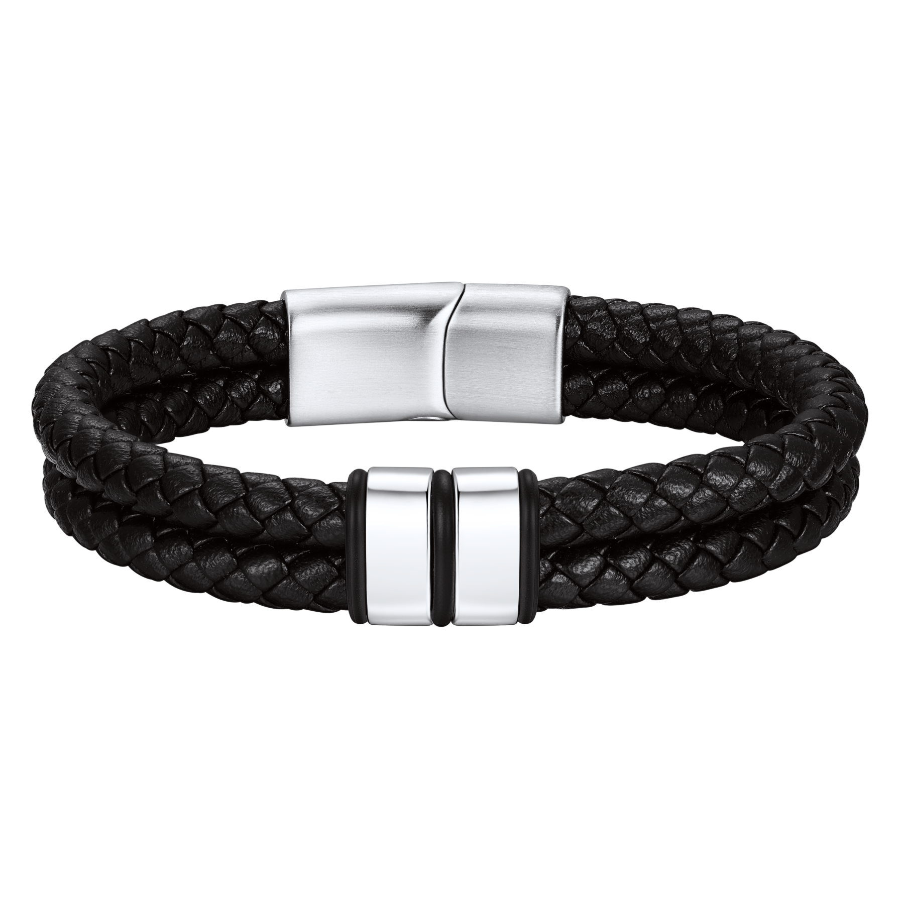 Engraved Stainless Steel Beaded Black Leather Bracelet For Men