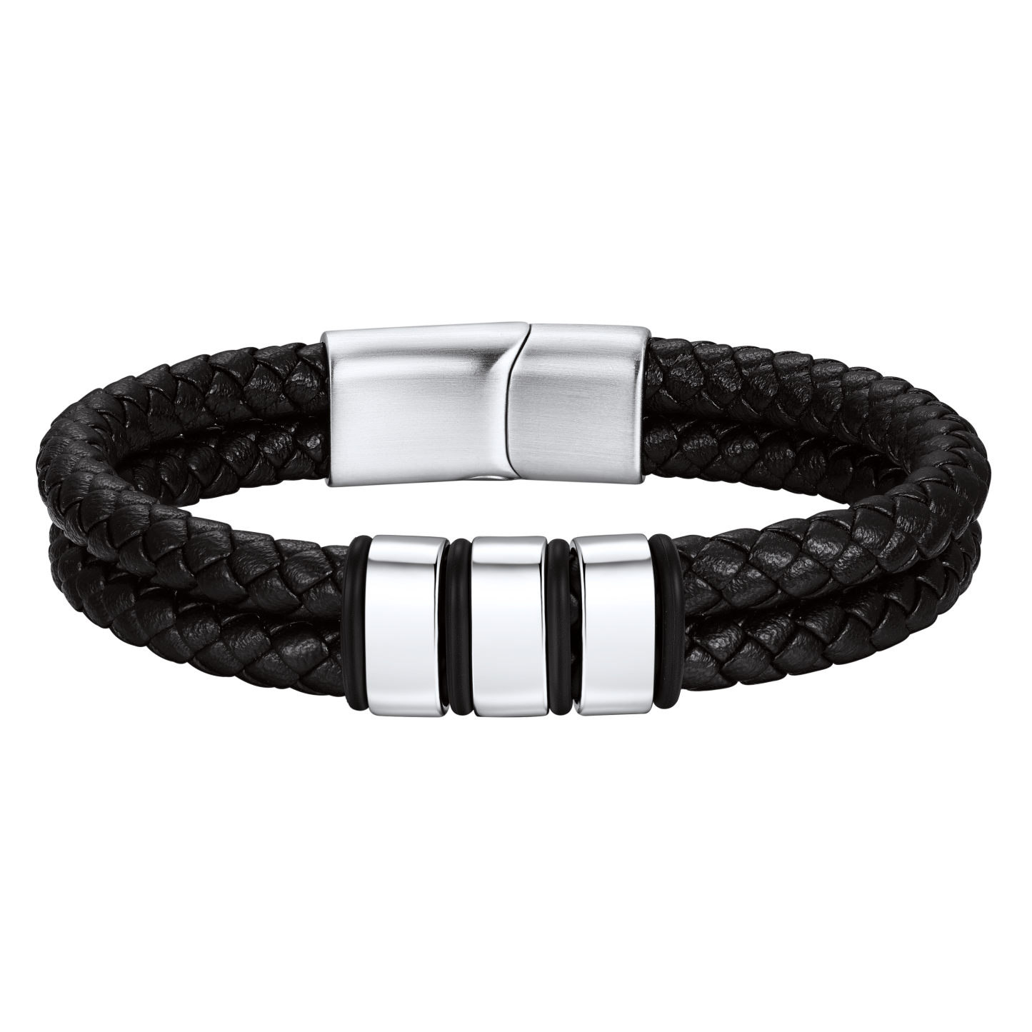 Engraved Stainless Steel Beaded Black Leather Bracelet For Men