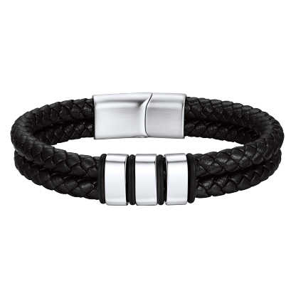 Engraved Stainless Steel Beaded Black Leather Bracelet For Men